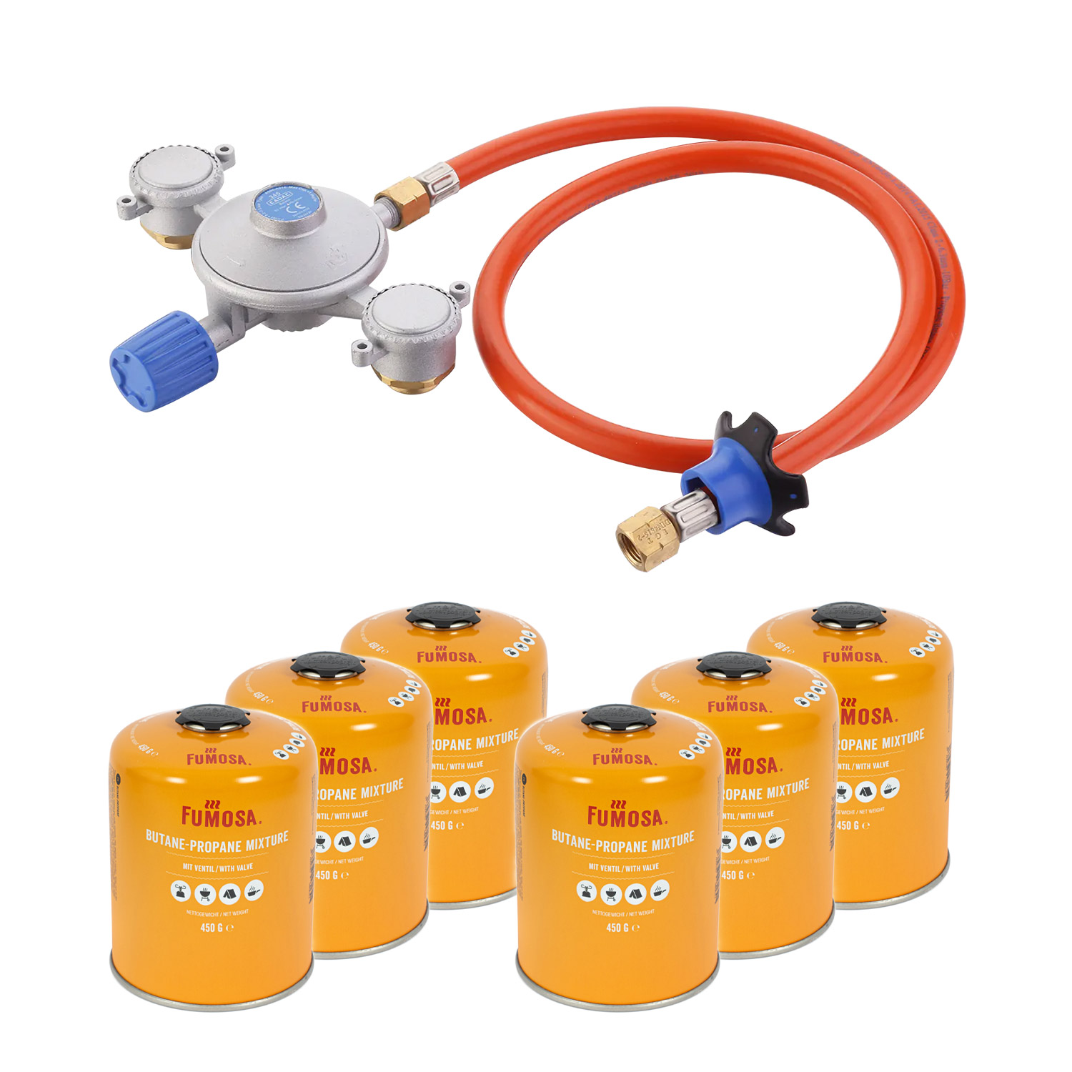 Max-Mobility-Kit für kleine Gas Pizzaöfen (z.B. Tread): 50 mbar Adapter + 6x FUMOSA Gaskartusche
