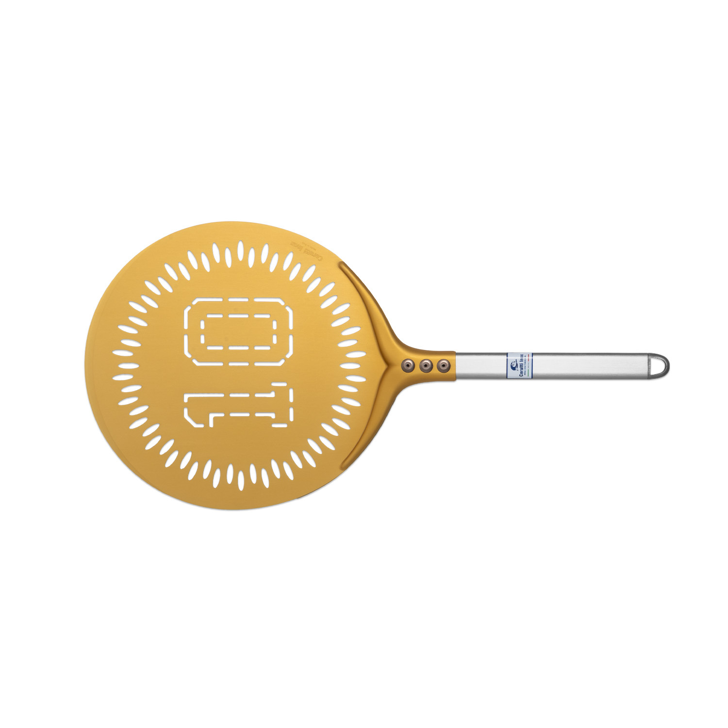 Cerutti »Napoli n° 10 GOLD« runder Aluminium Pizzaheber; perforiert (33 cm Ø Kopf)