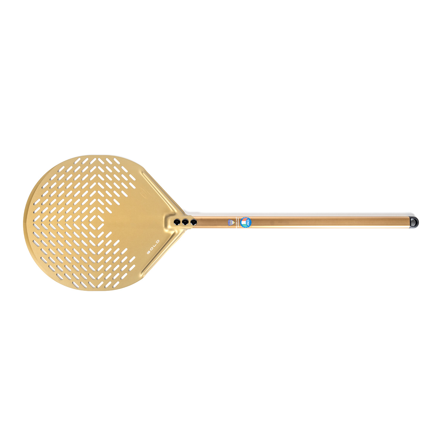 Gi.Metal »Linea Gold« abgerundeter Aluminium Pizzaheber; perforiert (60 cm Stiel)